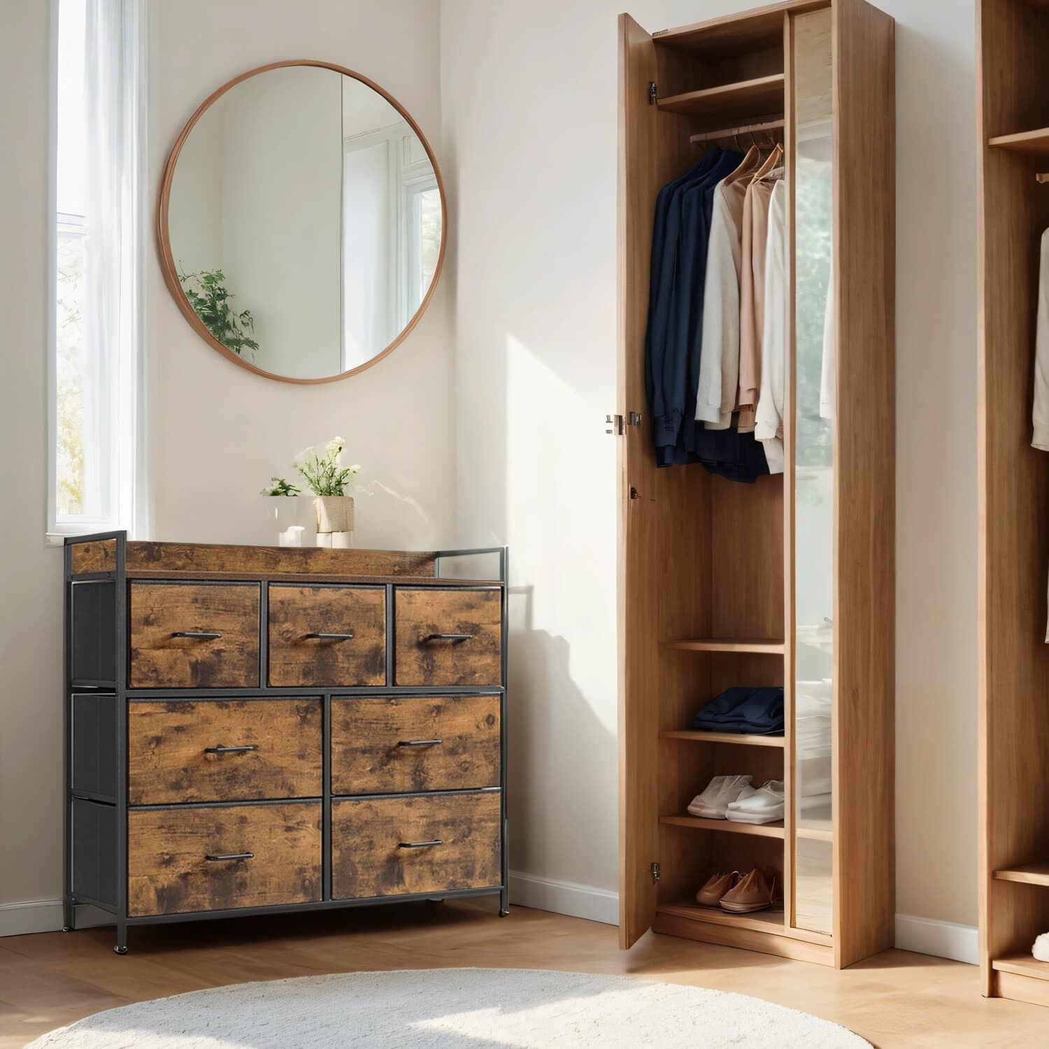 Nicky's Chest of drawers, cabinet, 7 fabric drawers with handles, 98 x 28.5 x 85 cm (L x W x H) - Dimensions of each small drawer: 29.5 x 27.5 x 21.5 cm (L x W x H) - Dimensions of each large drawer: 46 x 27.5 x 21.5 cm