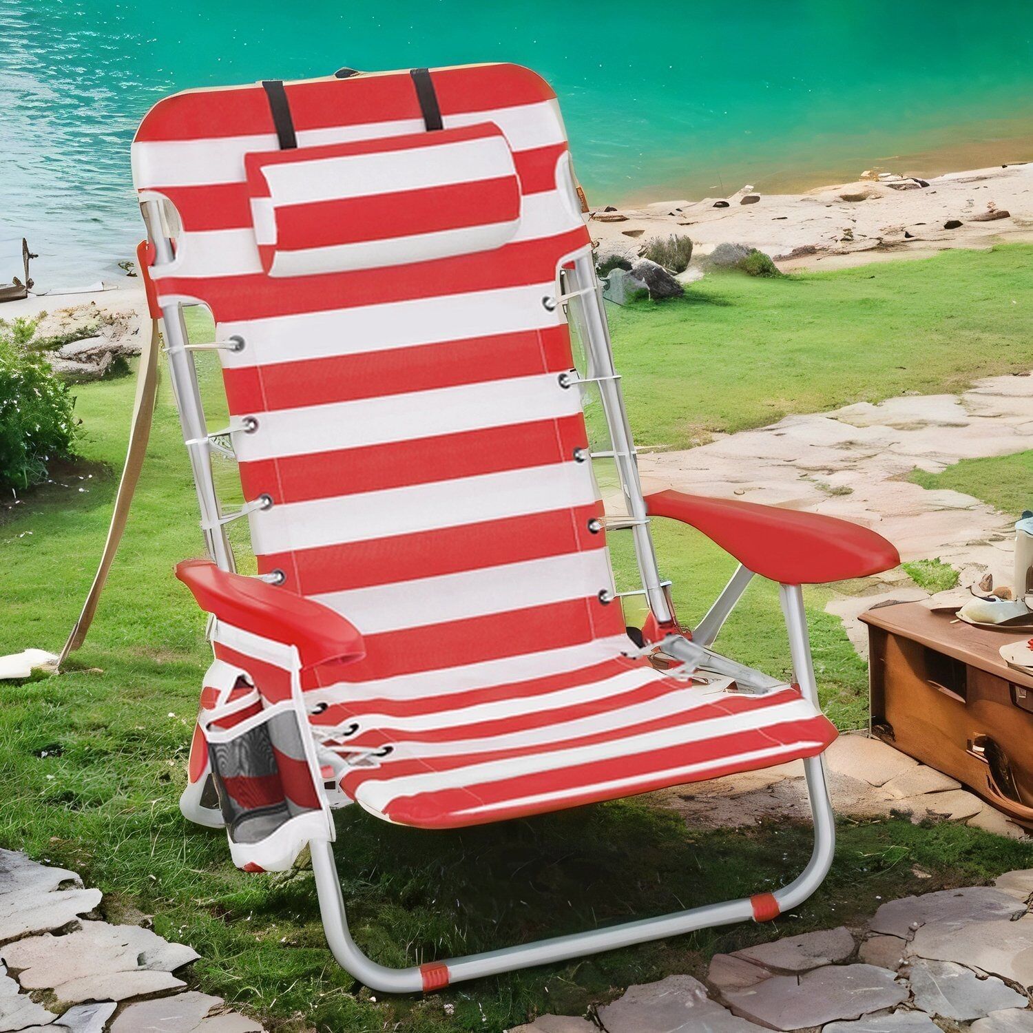 Beach chair, camping chair, foldable, 68 x 63 x 75 cm (D x W x H) - Folded dimensions: 66.5 x 70 x 11 cm (D x W x H) - Seat surface: 48 x 39 cm (D x W) - Backrest height: 65 cm - Distance between seat and ground: 21 cm