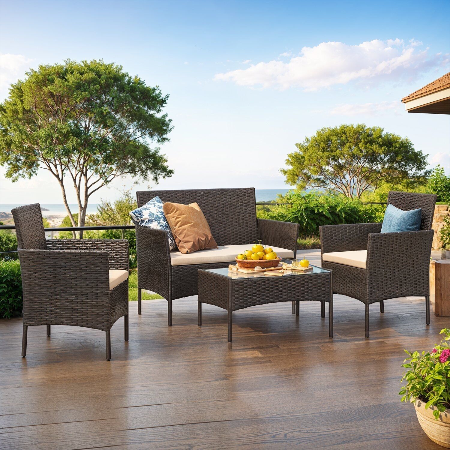 Balcony furniture, garden furniture set, made of PE polyrattan, 56.5 x 54.5 x 81.5 cm (L x W x H). Bench dimensions: 99 x 54.5 x 81.5 cm (L x W x H). Table dimensions: 71 x 41 x 39 cm