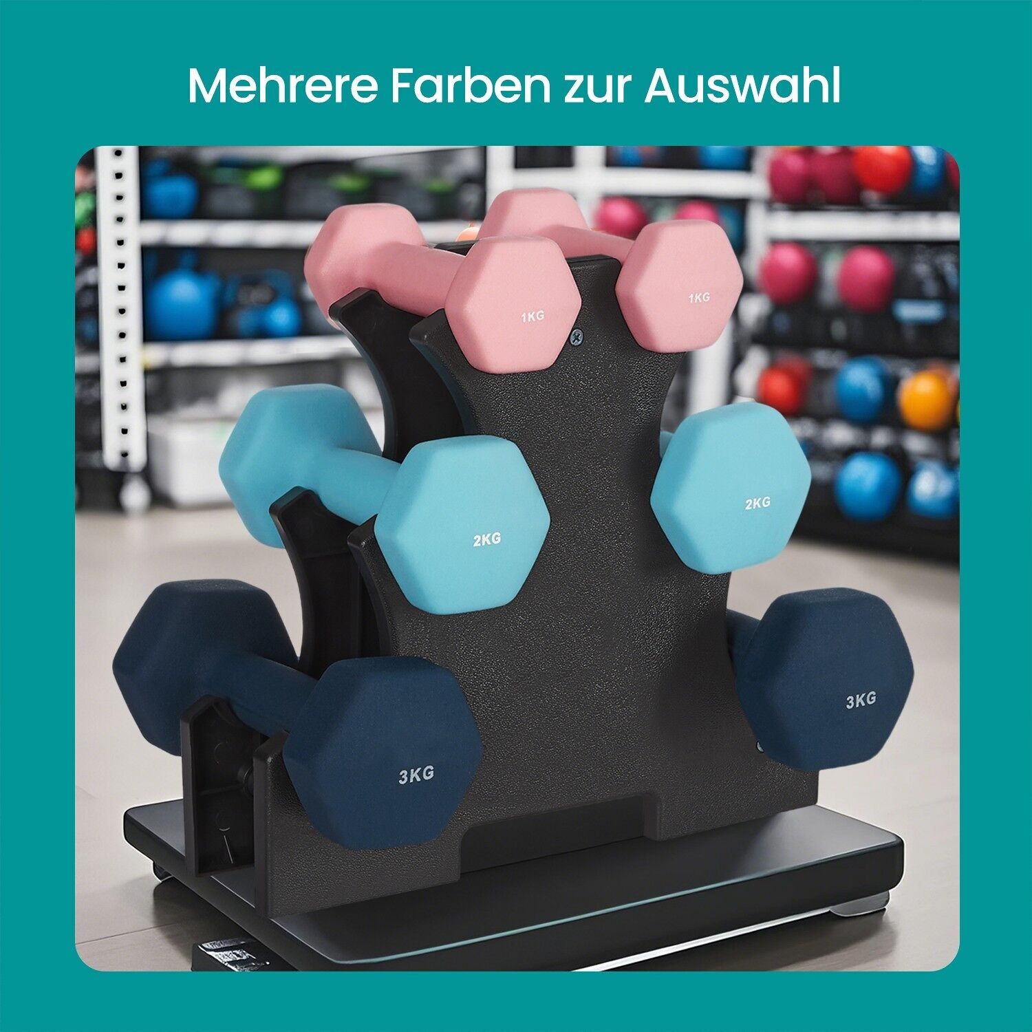Dumbbell set, 3 pairs, 2 x 1 kg, 2 x 1 kg, 2 x 2 kg, 2 x 3 kg 1 kg: 13.5 x 6.5 x 6 cm (L x W x H); 9 cm (handle length) 2 kg: 16 x 8 x 7.5 cm (L x W x H); 10 cm (handle length) 3 kg: 20 x 9 x 8.5 cm (L x W x H); 11.5 cm