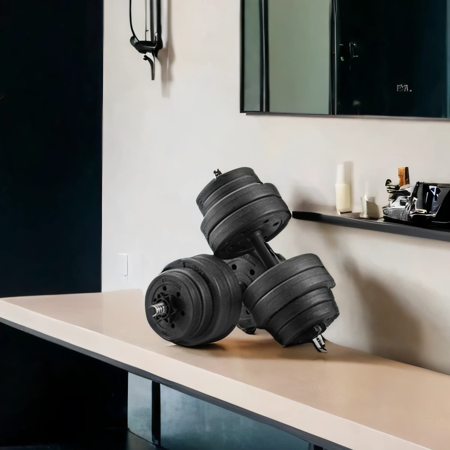 2-in-1 barbells, barbell set with steel connecting tube, 2 x 15 kg, ink black, 2 x 15 kg, 35 x 14 cm