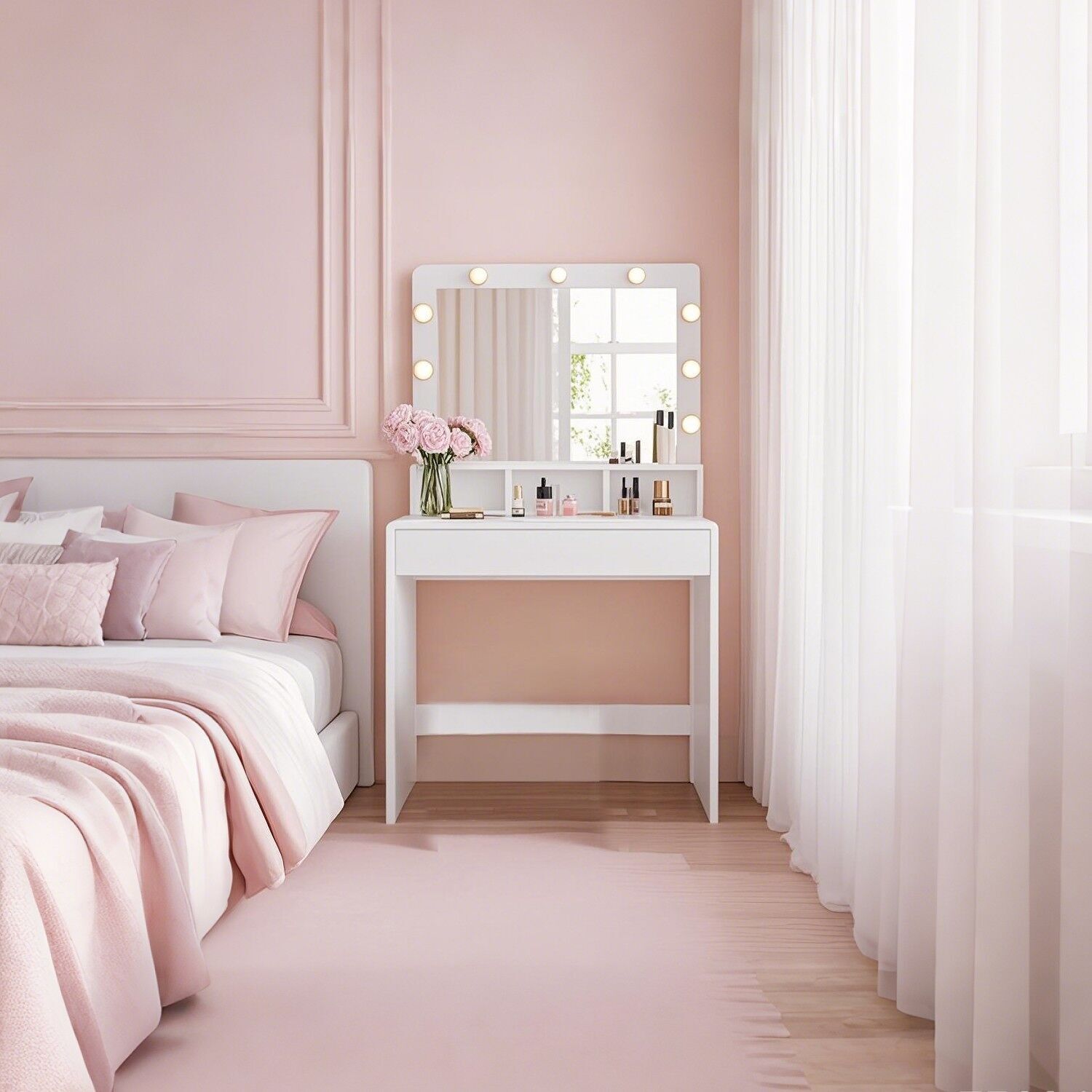 Dressing table with LED lighting, dressing table with mirror, 80 x 40 x 140 cm