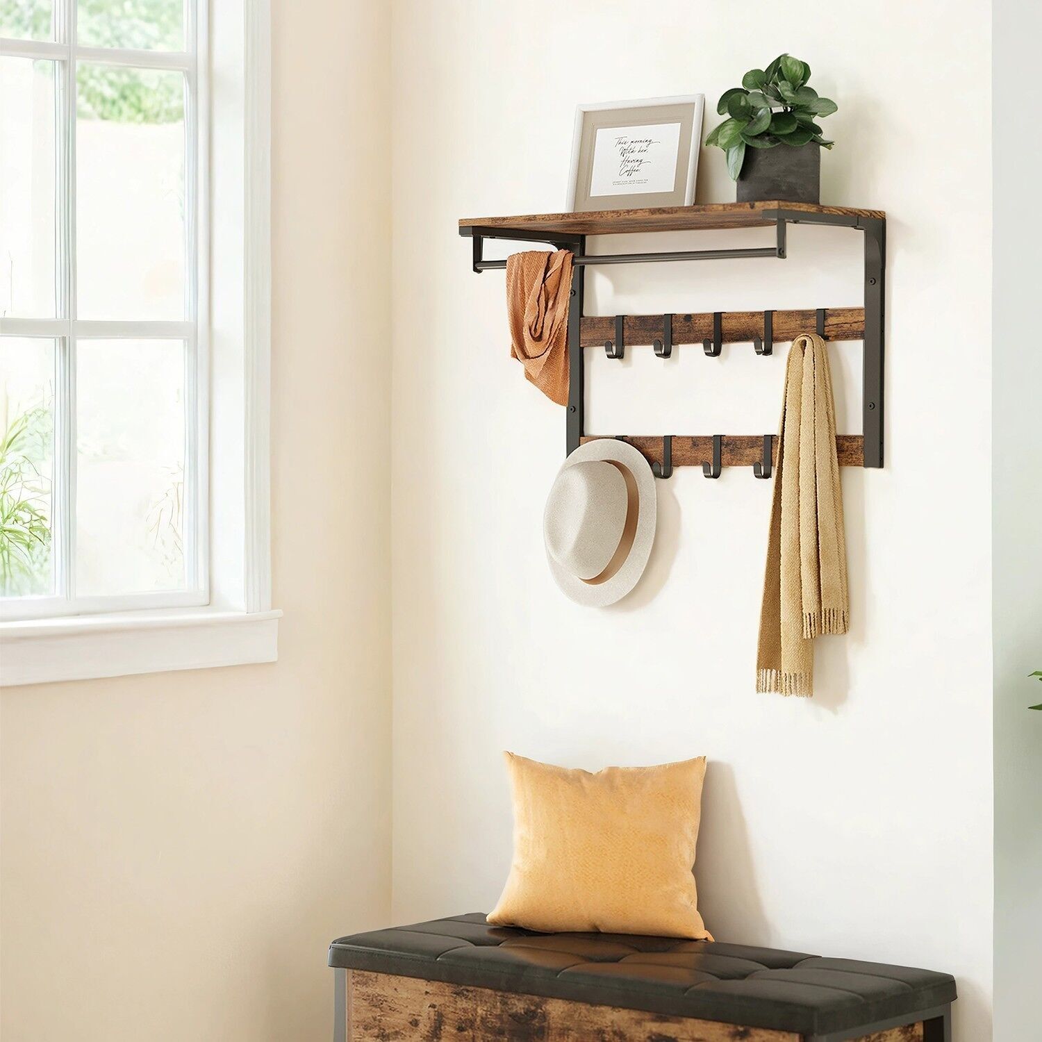 Wall coat rack, with shelf, wall shelf with 10 removable hooks, 65 x 30 x 42 cm (L x W x H) Shelf dimensions: 65 x 30 x 1.5 cm