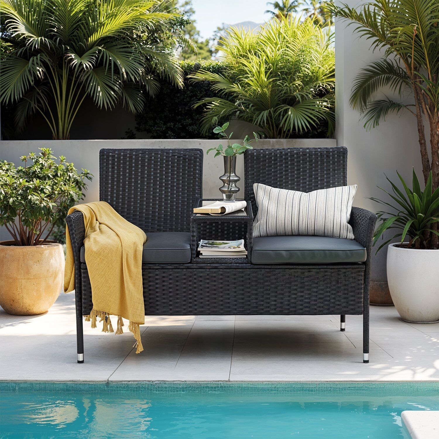 Salon de jardin, mobilier de balcon en polyrotin PE, avec table, 65 x 131 x 84 cm