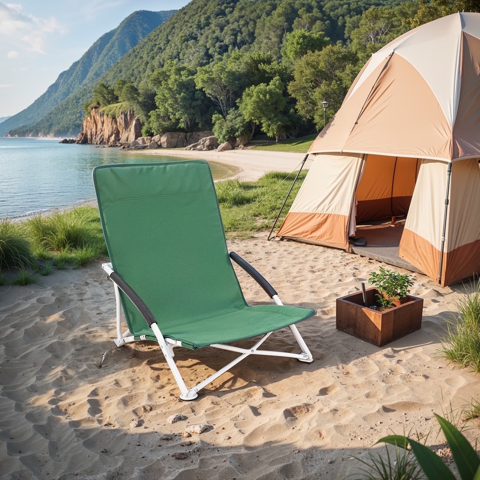 Chaise de plage, chaise pliante avec dossier haut, pliable, 64 x 56 x 53 cm (L x H x P) - Poids net : environ 2.4 kg - Poids brut : environ 2.9 kg - Dimensions plié : 76.5 x 16 x 9.5 cm