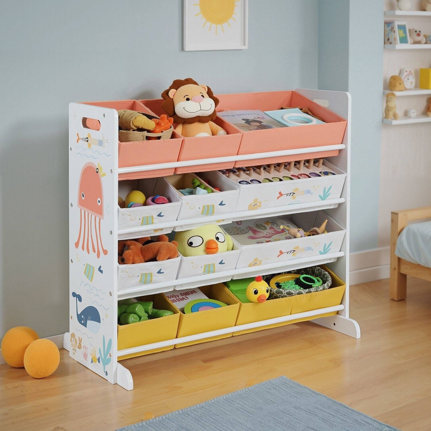 Toy shelf, children's room shelf with 12 fabric boxes, for books and toys, 83 x 38 x 78 cm