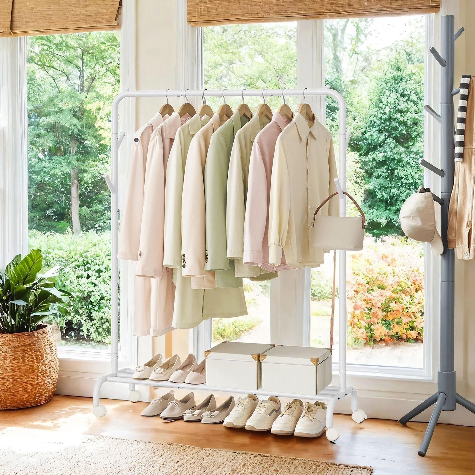 Portant à vêtements sur roulettes, tringle à vêtements, tringle de penderie, 41 x 103.5 x 155 cm