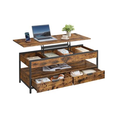 Mesa de centro regulable en altura con cajones, marrón vintage y negro tinta, 50 x 120 cm