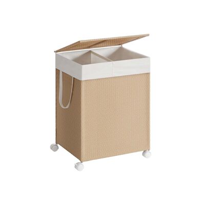 Cesto para ropa 100 L con 2 compartimentos y ruedas, color beige natural-blanco mate, 46.5x37.5 x 65 centímetros