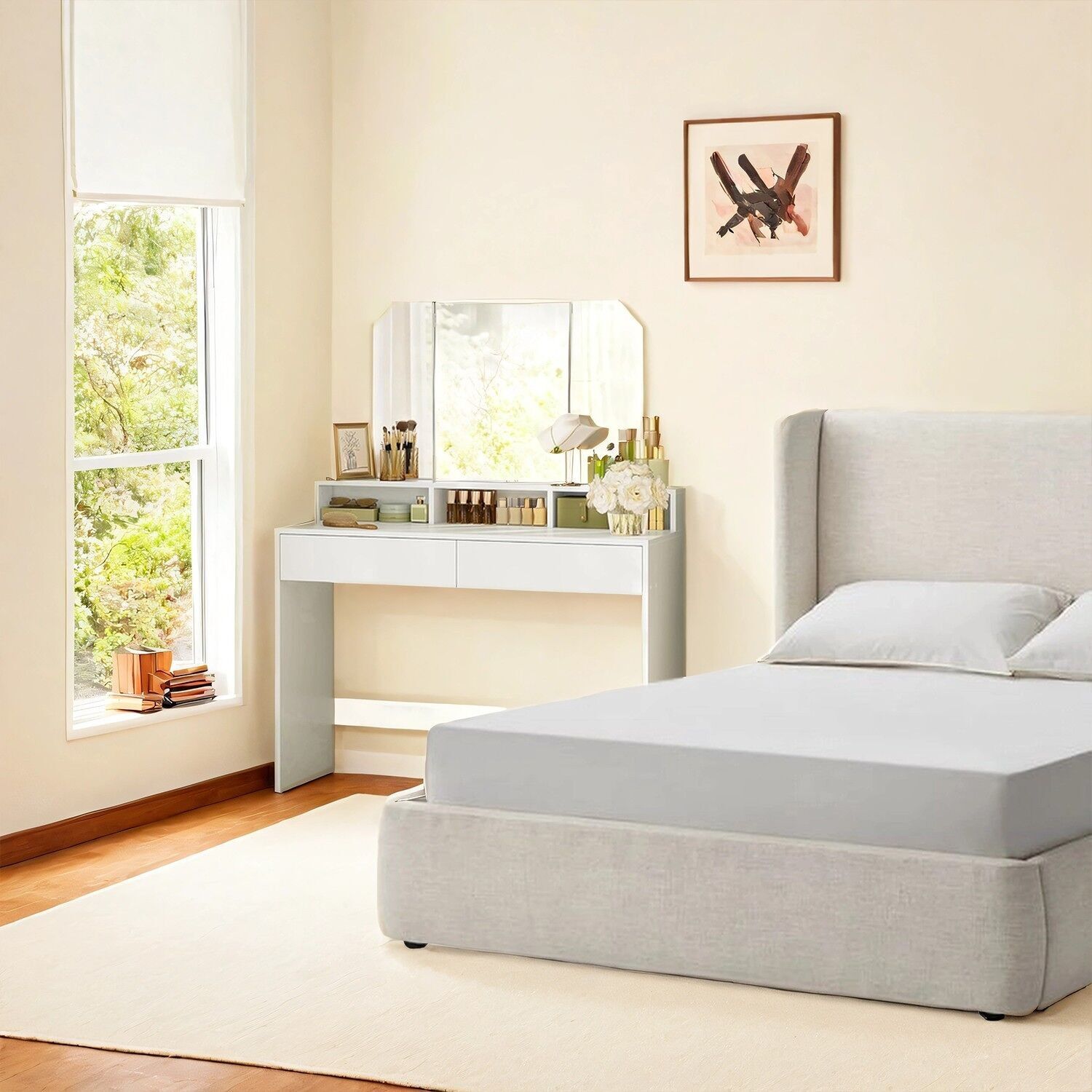 Dressing table with folding mirror and 2 drawers, dressing table, cosmetic table with 3 open compartments, 100 x 40 x 142 cm