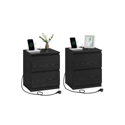 Bedside table set of 2 with sockets and drawers, ebony black, 35 x 40 x 49 cm