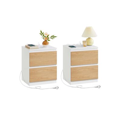 Bedside table set of 2 with sockets and drawers, almond yellow, 35 x 40 x 49 cm