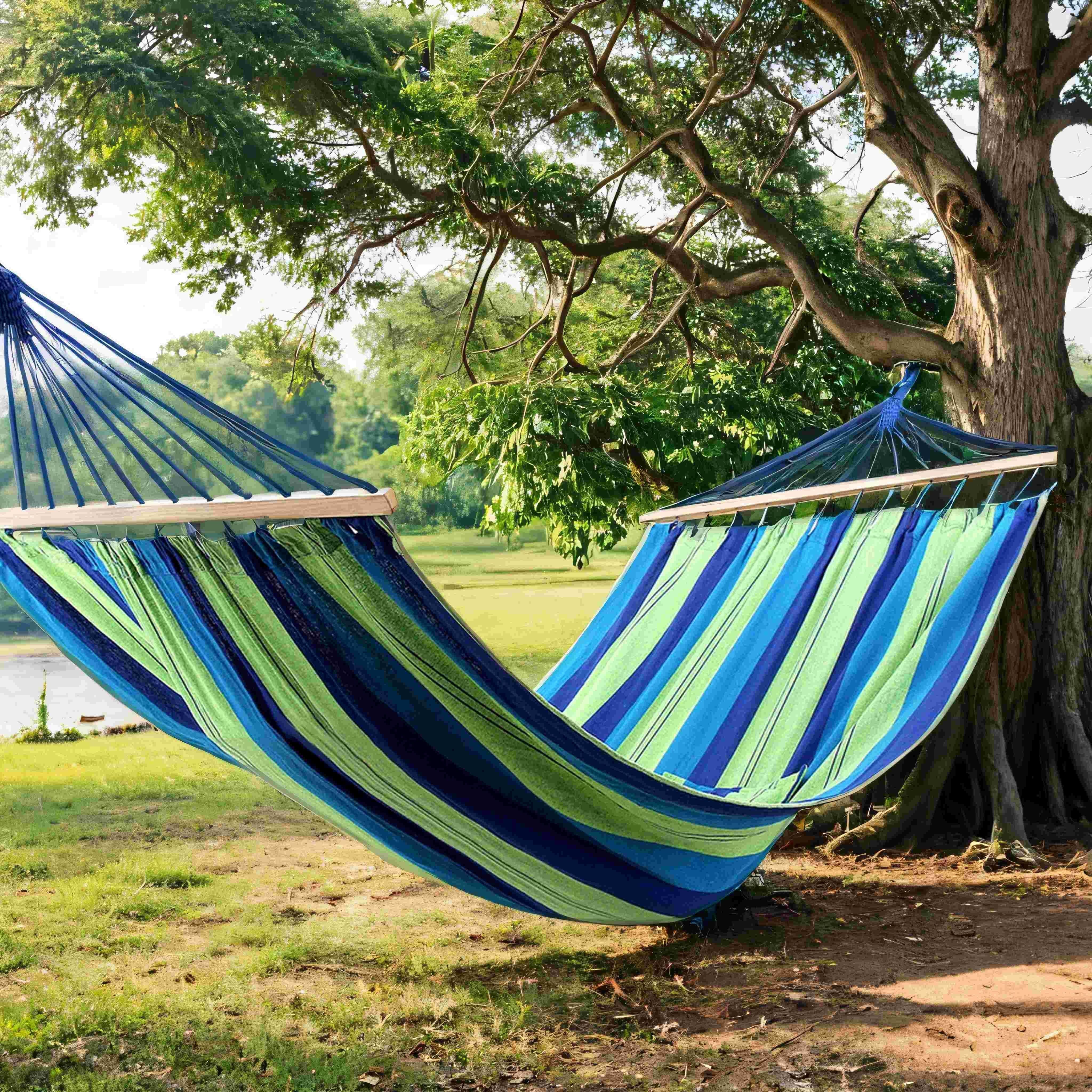 Hamac 210 x 150 cm, extérieur, avec 2 poteaux en bois