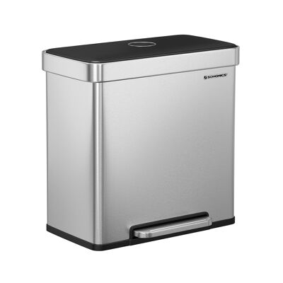Poubelle de cuisine avec couvercle à fermeture douce, 2 x 30 L, Système de tri des déchets, 2 compartiments, 15 sacs poubelles, Poubelle en acier inoxydable, Seau intérieur en plastique, avec couvercle, Fermeture douce, 58 x 31.5 x 59 cm