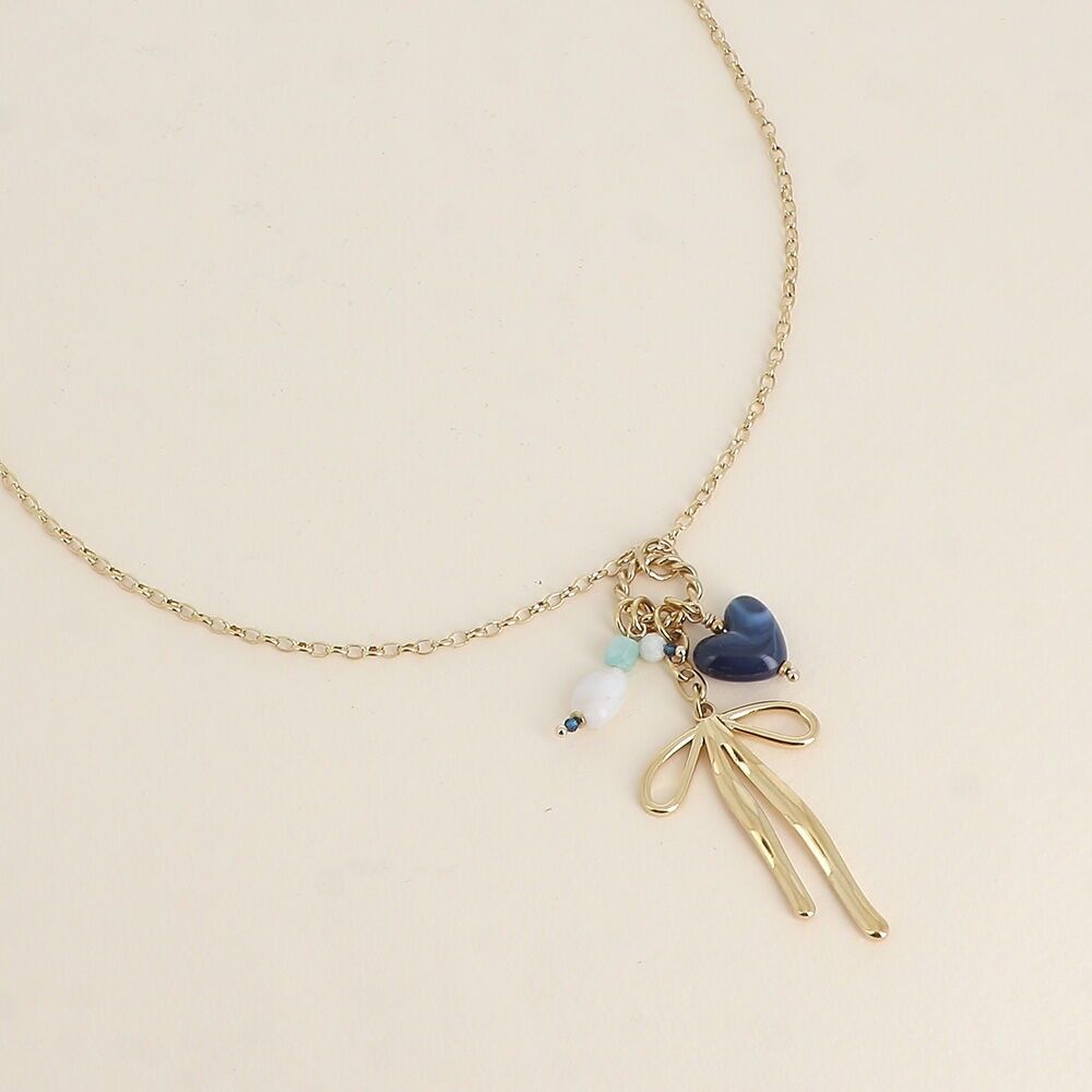 Collar - anillo trenzado, pajarita, corazón y piedras naturales