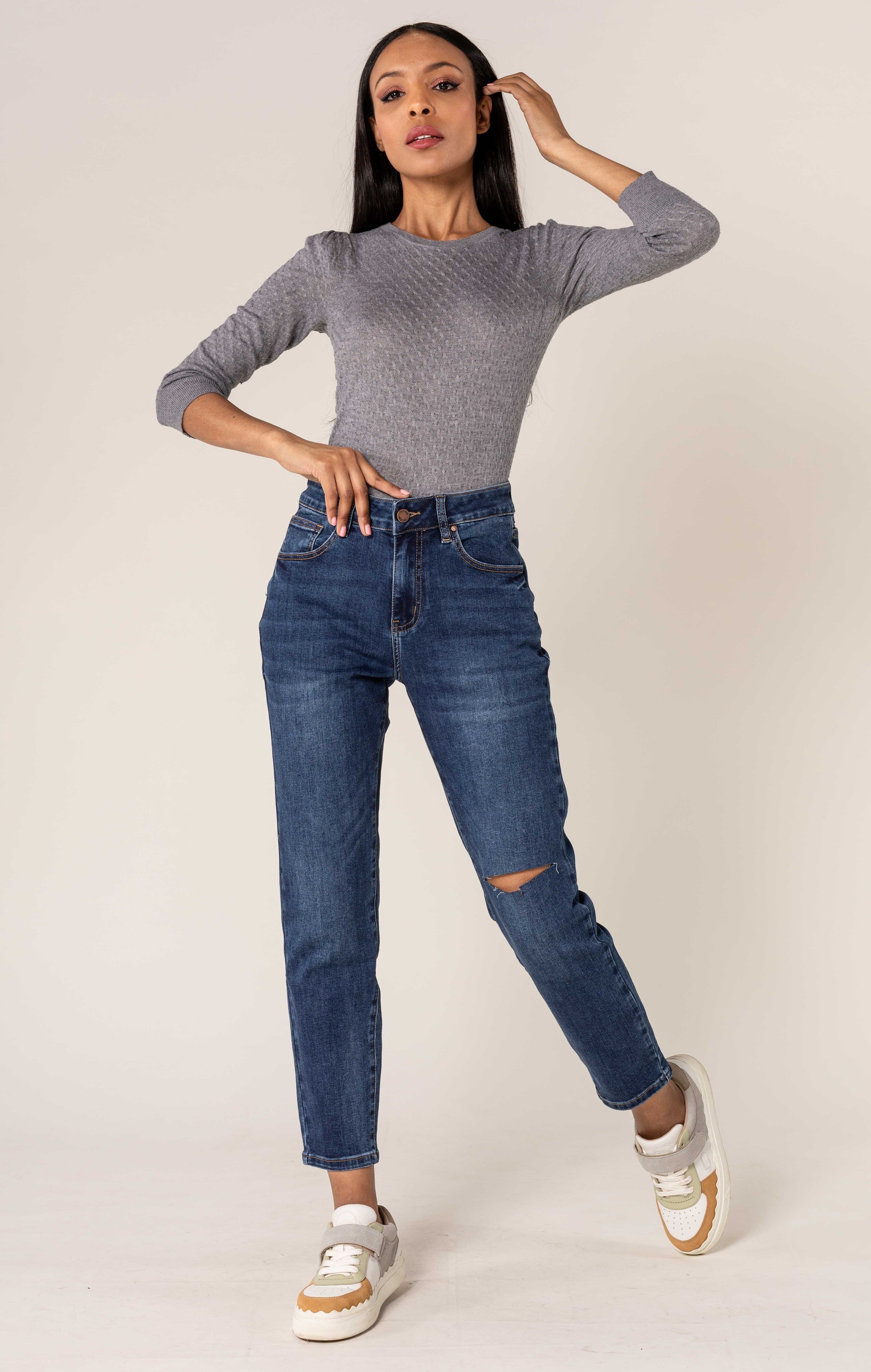 Denim Mom/Boyfriend-Schnitt bis zum Knie hohe Taille StretchQ1886