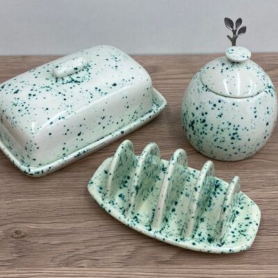 Juego de mantequera, azucarero y rejilla para tostadas verde moteado