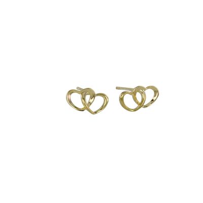 Twin Hearts Sterling Silver Stud Earrings Gold