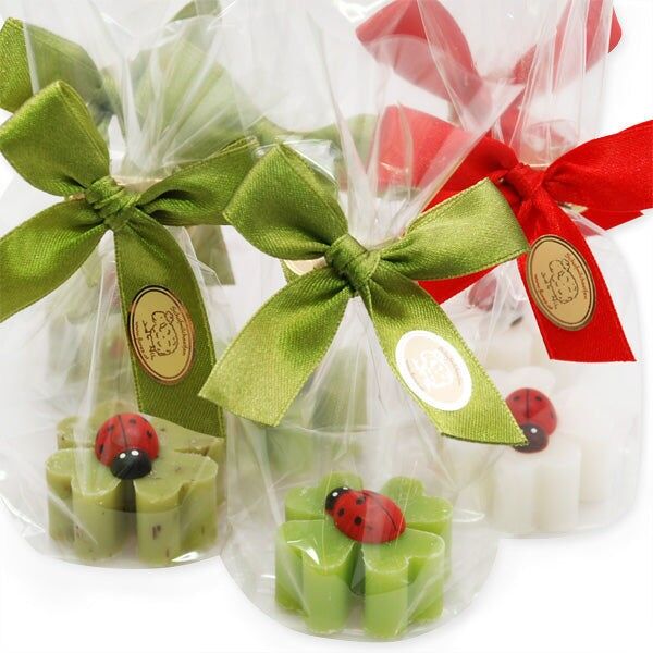 Jabón de leche de oveja hoja de trébol mini 14g decorado con mariquitas en violonchelo, clásico/verbena/pera