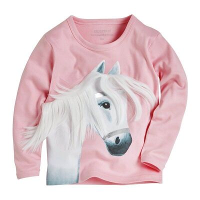Camisa infantil de manga larga con diseño de copo de nieve de caballo, color rosa.
