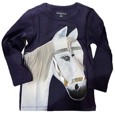 Poney Flocon de Neige avec une vraie crinière en cheveux de poupée, chemise bleue à manches longues