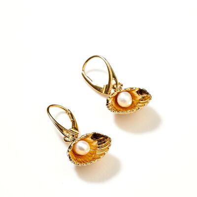 Pendientes colgantes de concha marina y perla dorada