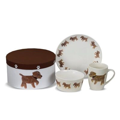 Juego de desayuno de porcelana de 3 piezas Dog BOBBY Perros corriendo alrededor del plato y el tazón