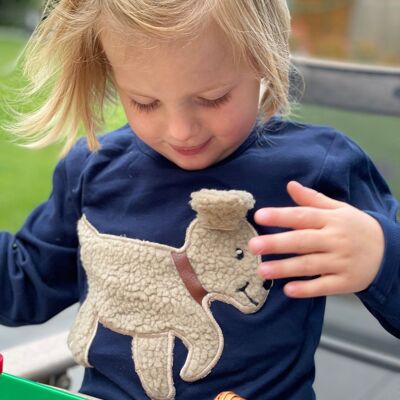 Chemise pour chien BOBBY bleue à manches longues, avec application en fourrure peluche et poche secrète dans l'oreille