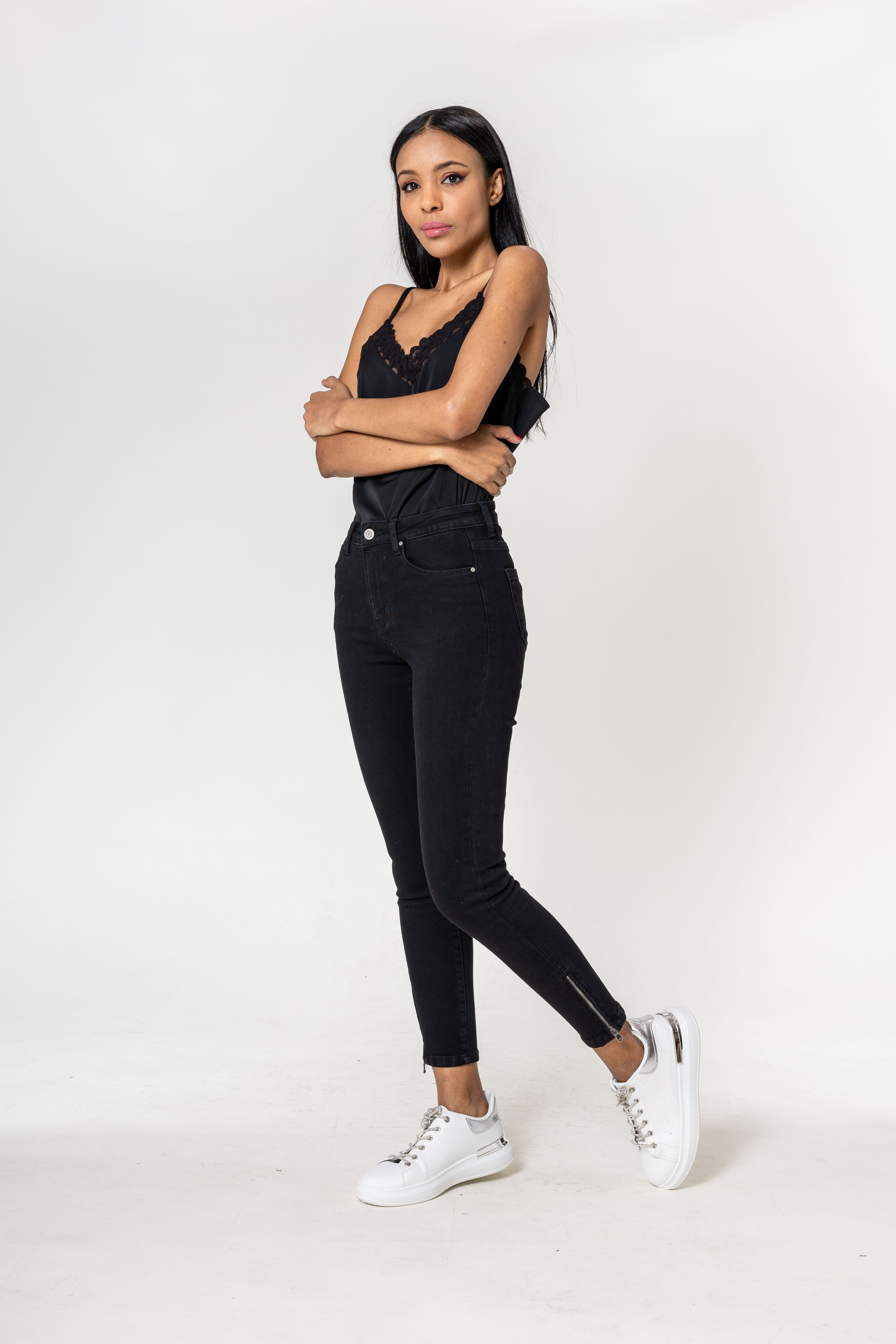 High Waist 7/8 Slim Stretchjeans mit Reißverschluss P117