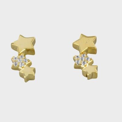 Clous d'oreilles en argent sterling Trio Star Pave Silver Gold