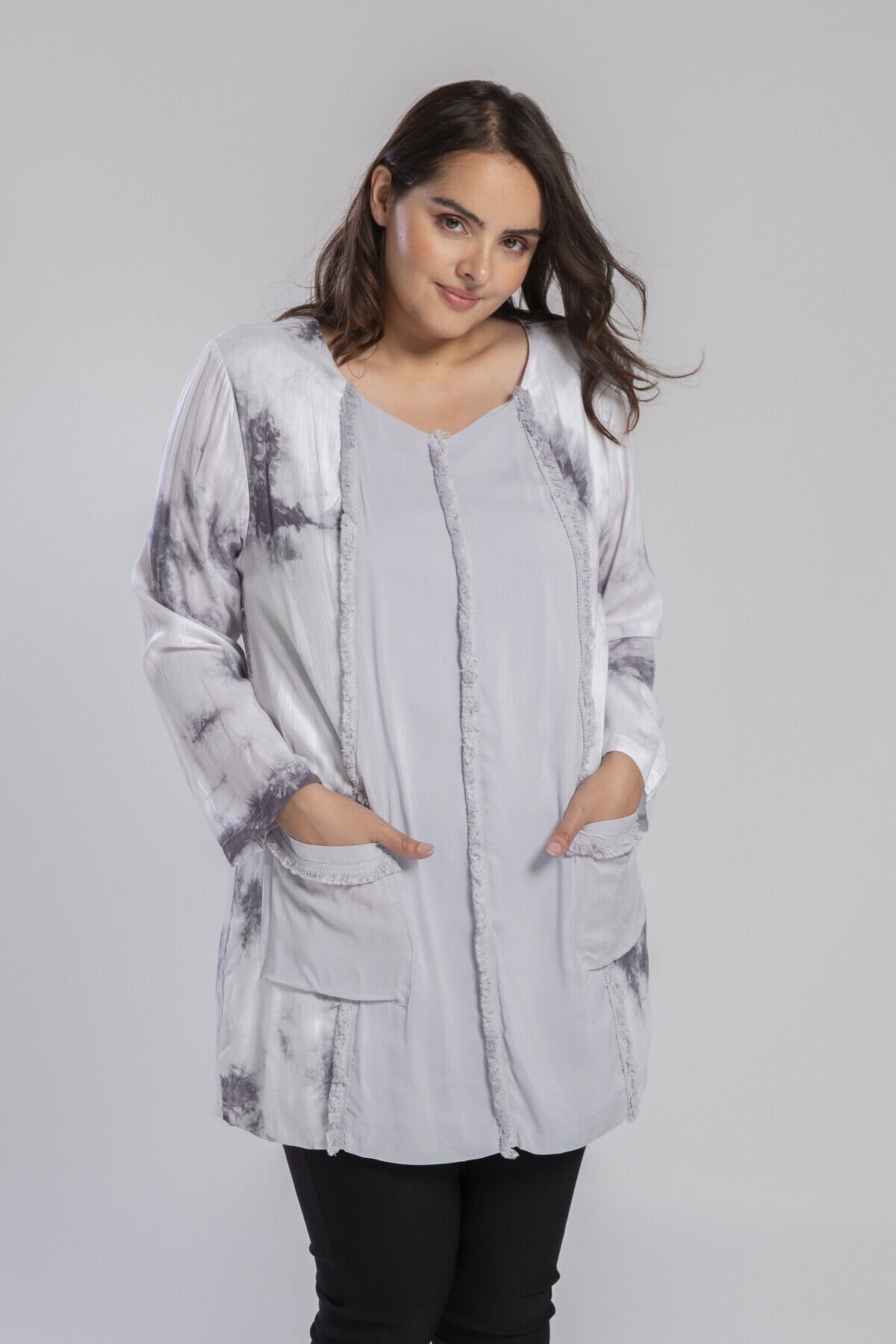 Tunique grande taille effet déchiré imprimé gris (A707)