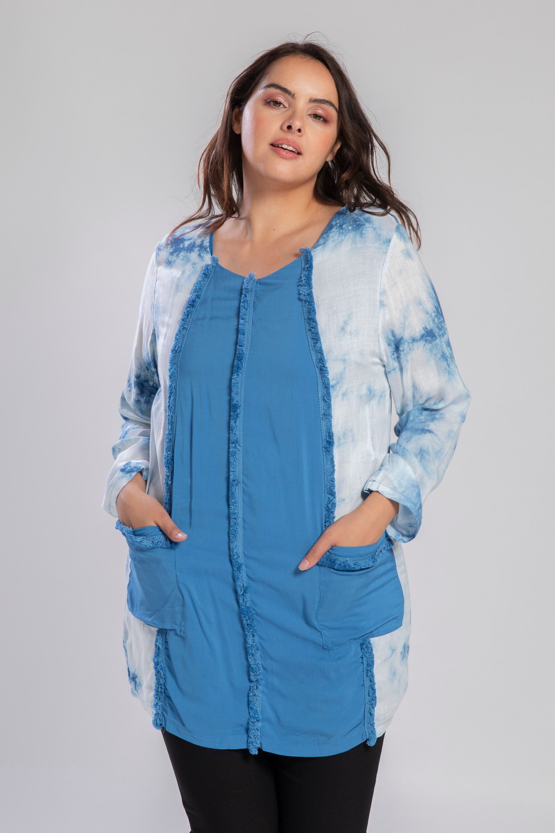 Tunique grande taille effet déchiré imprimé bleu (A707)