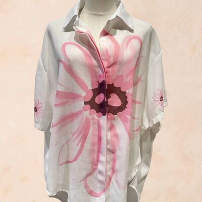 Camicia oversize bianca a fiori - Lino - 0178