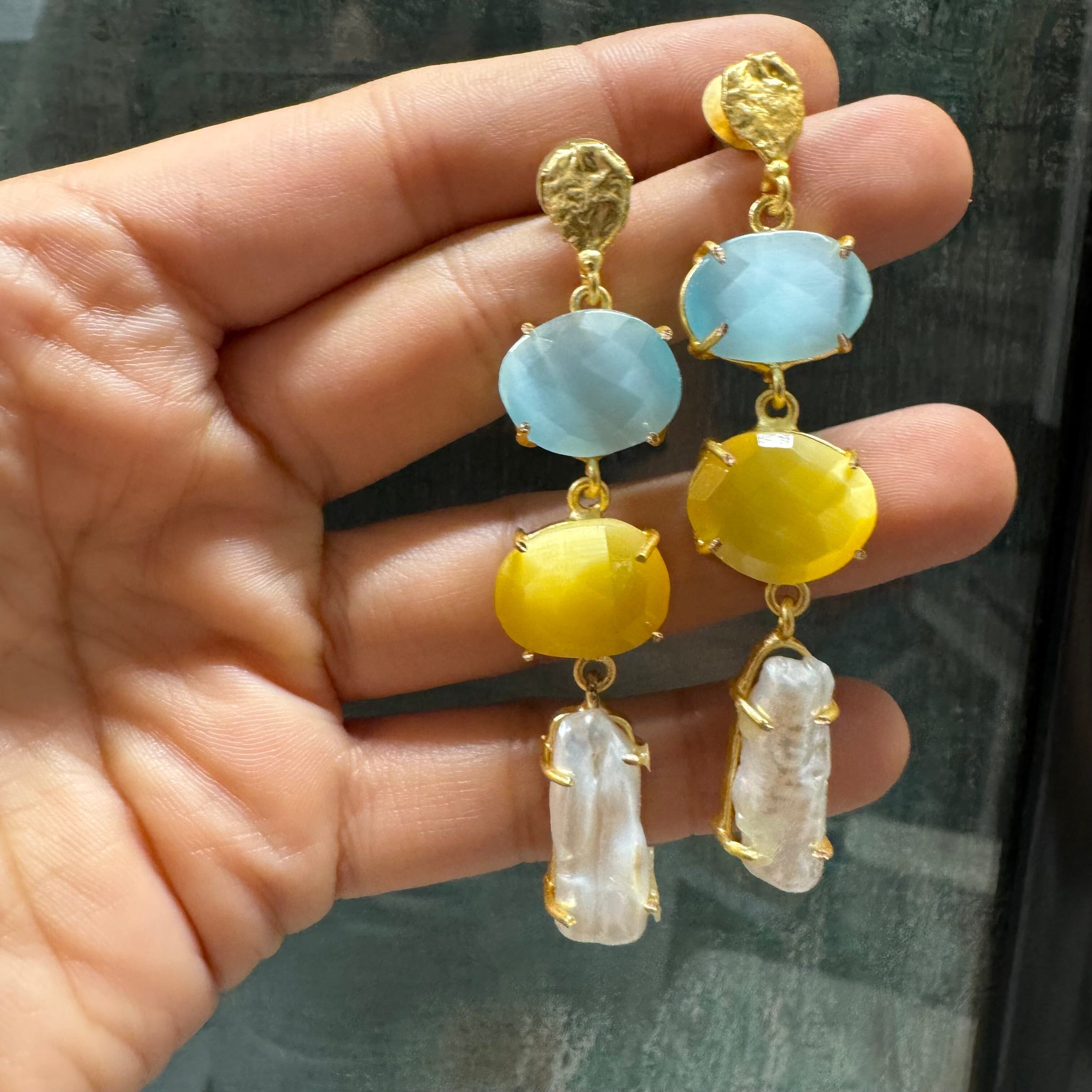 Orecchini Neda blu, gialli e perle