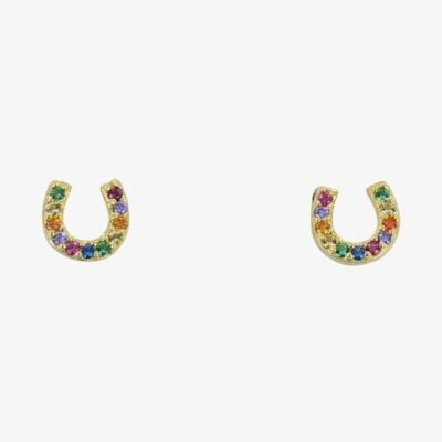 Rainbow Sterling Silver Horseshoe Stud Earrings Gold