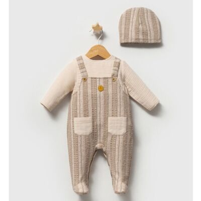 Lot de trois barboteuses et bonnet pour bébé garçon, en coton doux, de 0 à 3 mois