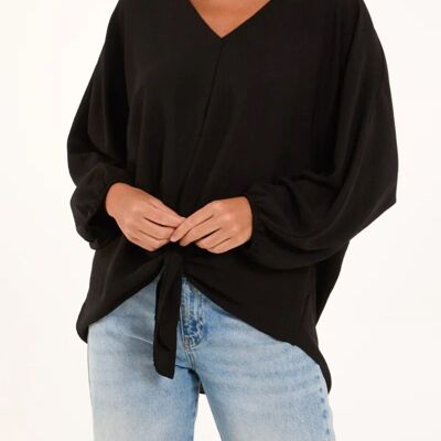 Blusa extragrande de manga larga con cuello en V y detalle de lazo en negro