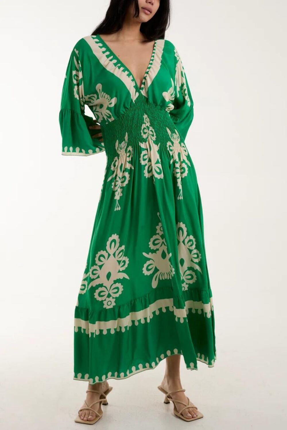 Robe longue imprimée à manches 3/4, coupe décontractée, col en V, vert