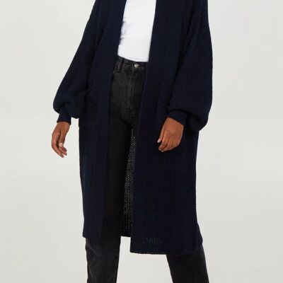 Cardigan mi-long oversize en maille à manches longues avec détails de poches, bleu marine