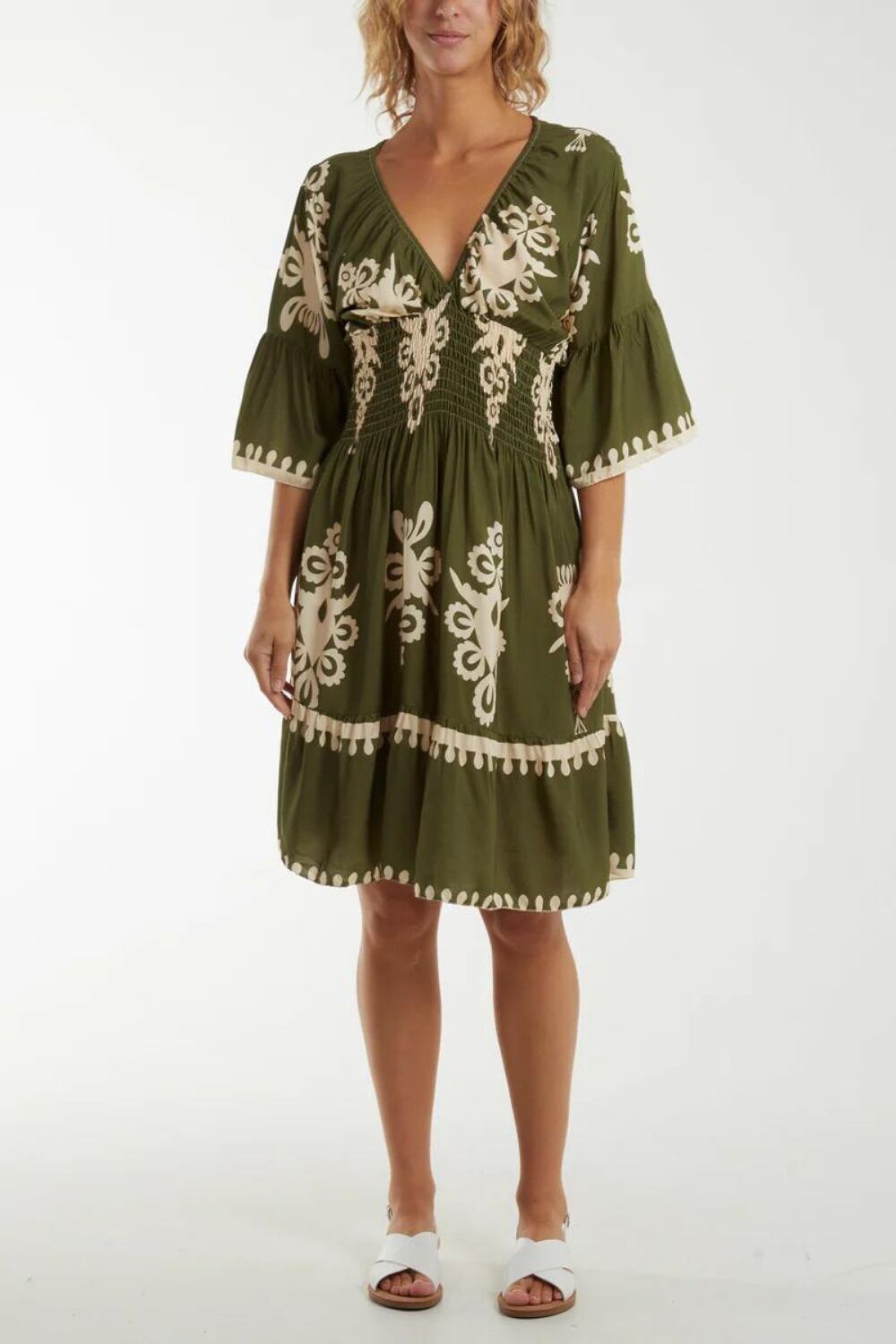 Robe décontractée à manches 3/4, col en V, longueur aux genoux, imprimée, kaki