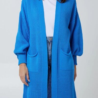 Cardigan midi lavorato a maglia oversize a maniche lunghe con dettagli tasca in blu