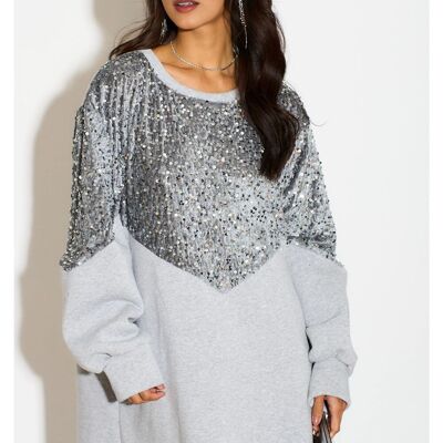 Long Sleeves Oversized Sweatshirt with Sequin in Grey