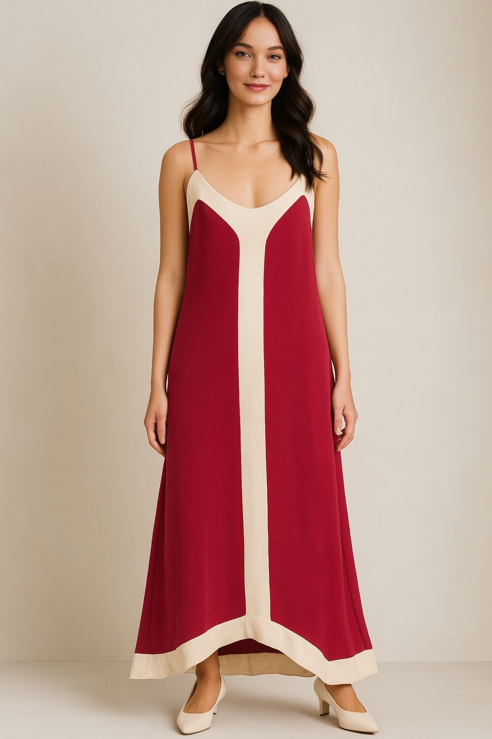 Robe midi décontractée bordeaux et beige