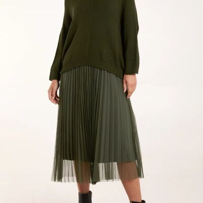 Conjunto de vestido holgado de punto en capas y plisado en color caqui