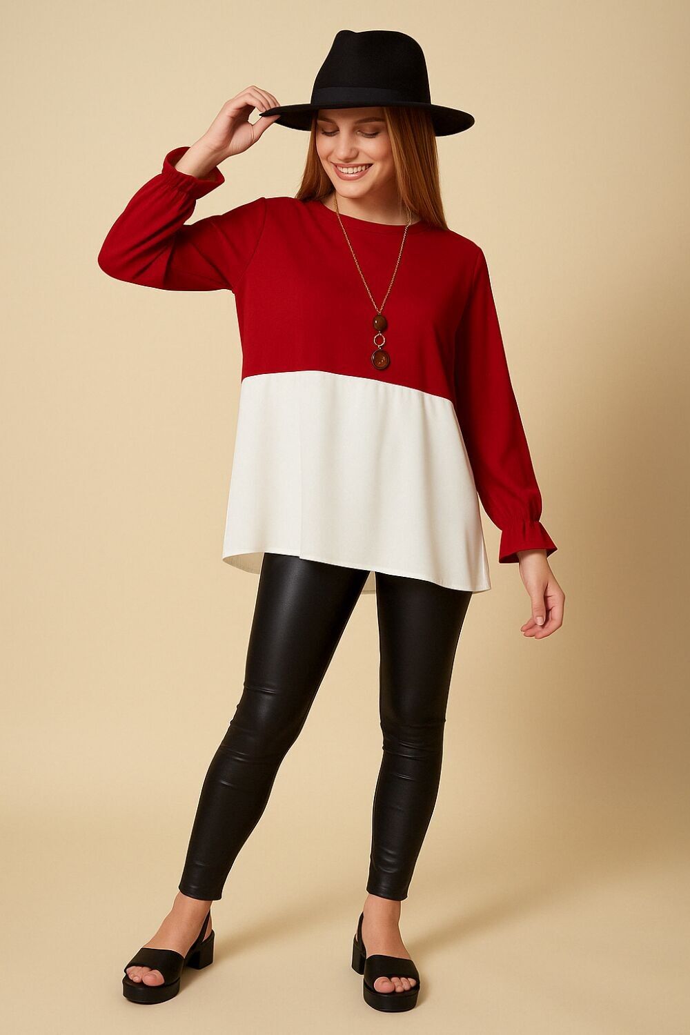 Bluse mit Farbblockdesign in Rot und Weiß