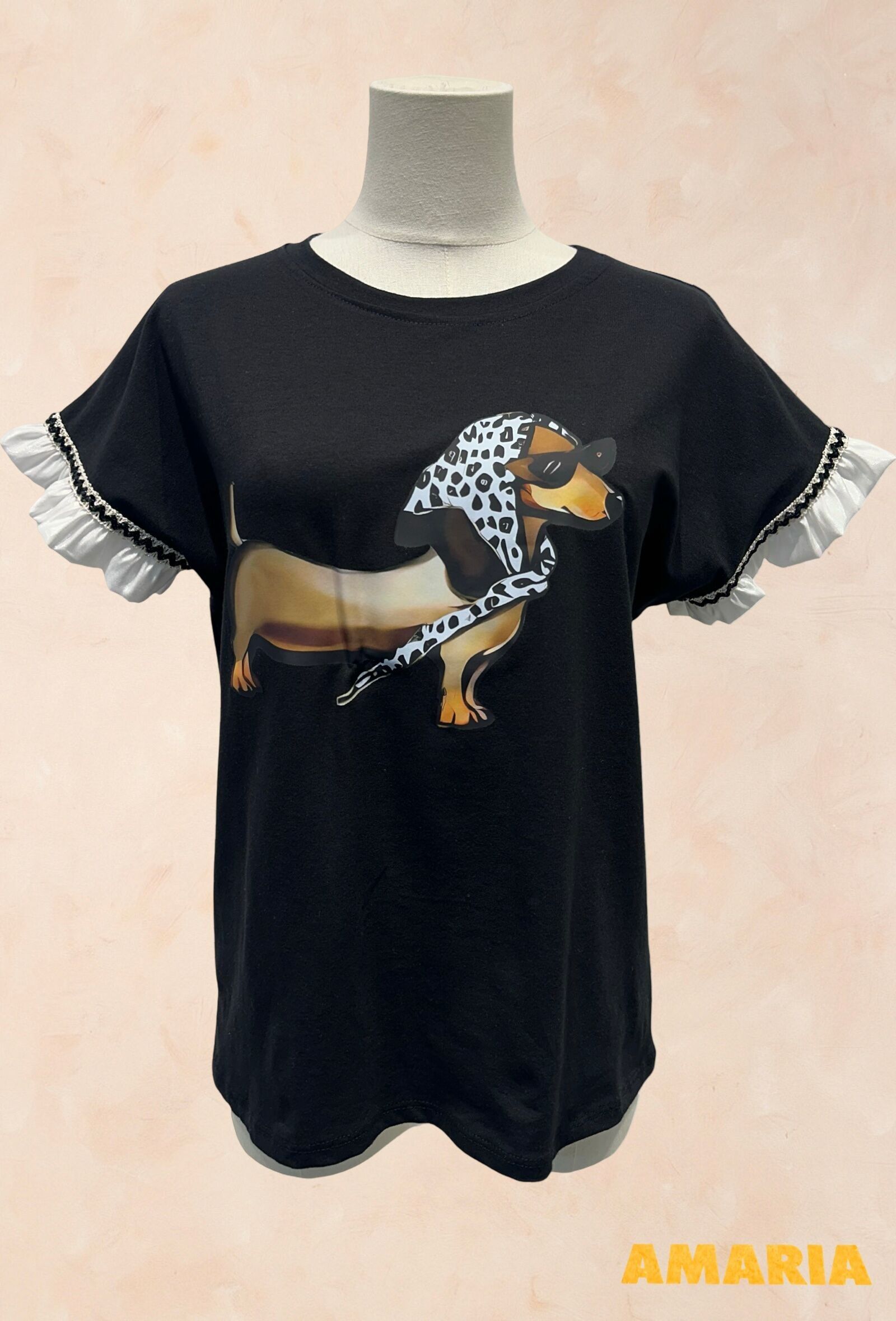 Schwarzes T-Shirt mit Rüschenärmeln und Dackelmotiv – Baumwolle – 25805