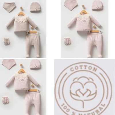 Confezione da due set per neonata da 0 a 3 mesi, set in cotone Etamine da 5 pezzi – Neonata