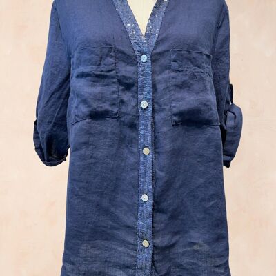 Camicia tunica con paillettes e pizzo floreale - 100% lino - 6665