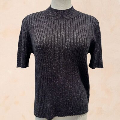 Pull Femme Manches Courtes Côtelé Noir à Fils Lurex - VISCOSE - 9208ABC