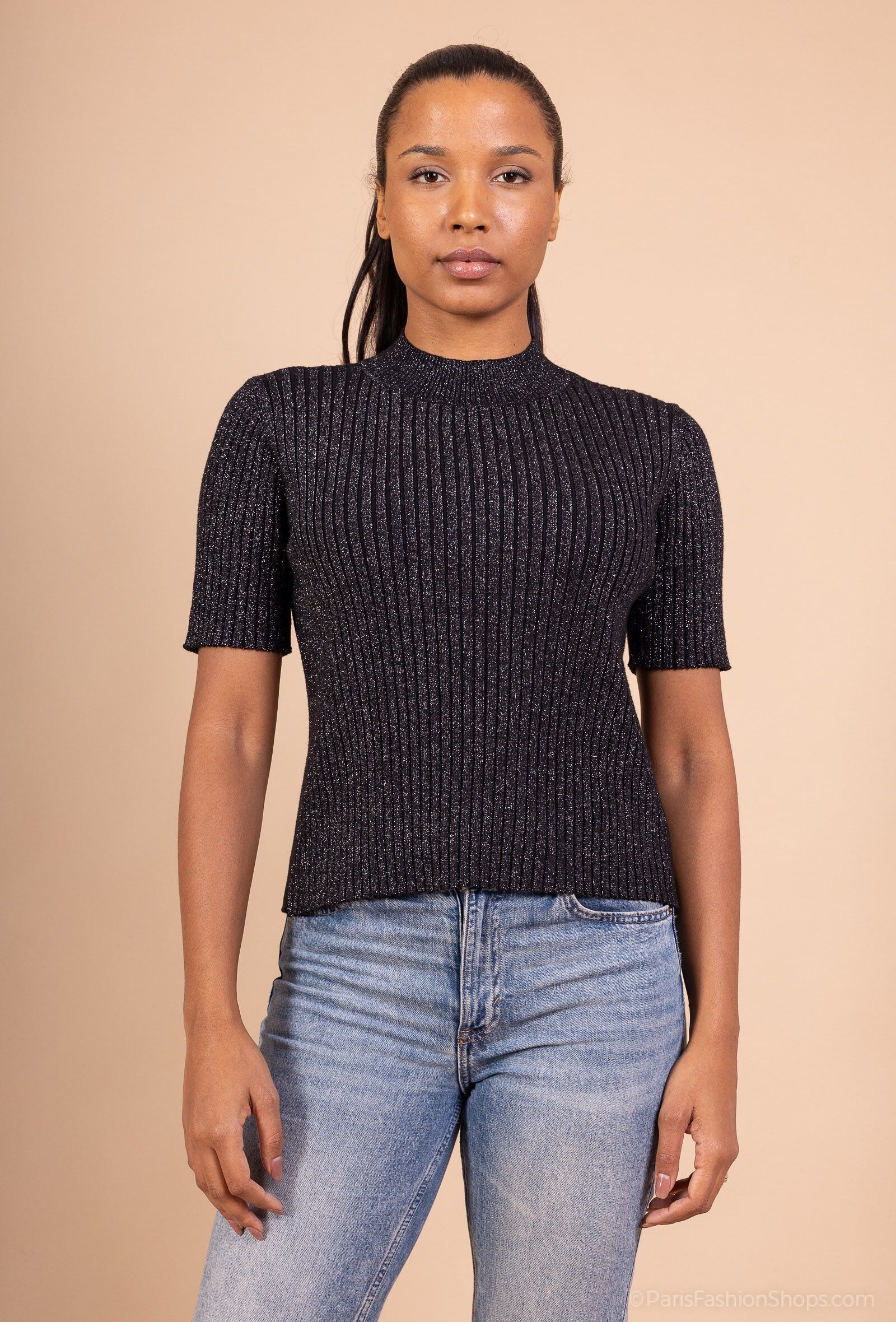 Pull Femme Manches Courtes Côtelé Noir à Fils Lurex - VISCOSE - 9208ABC